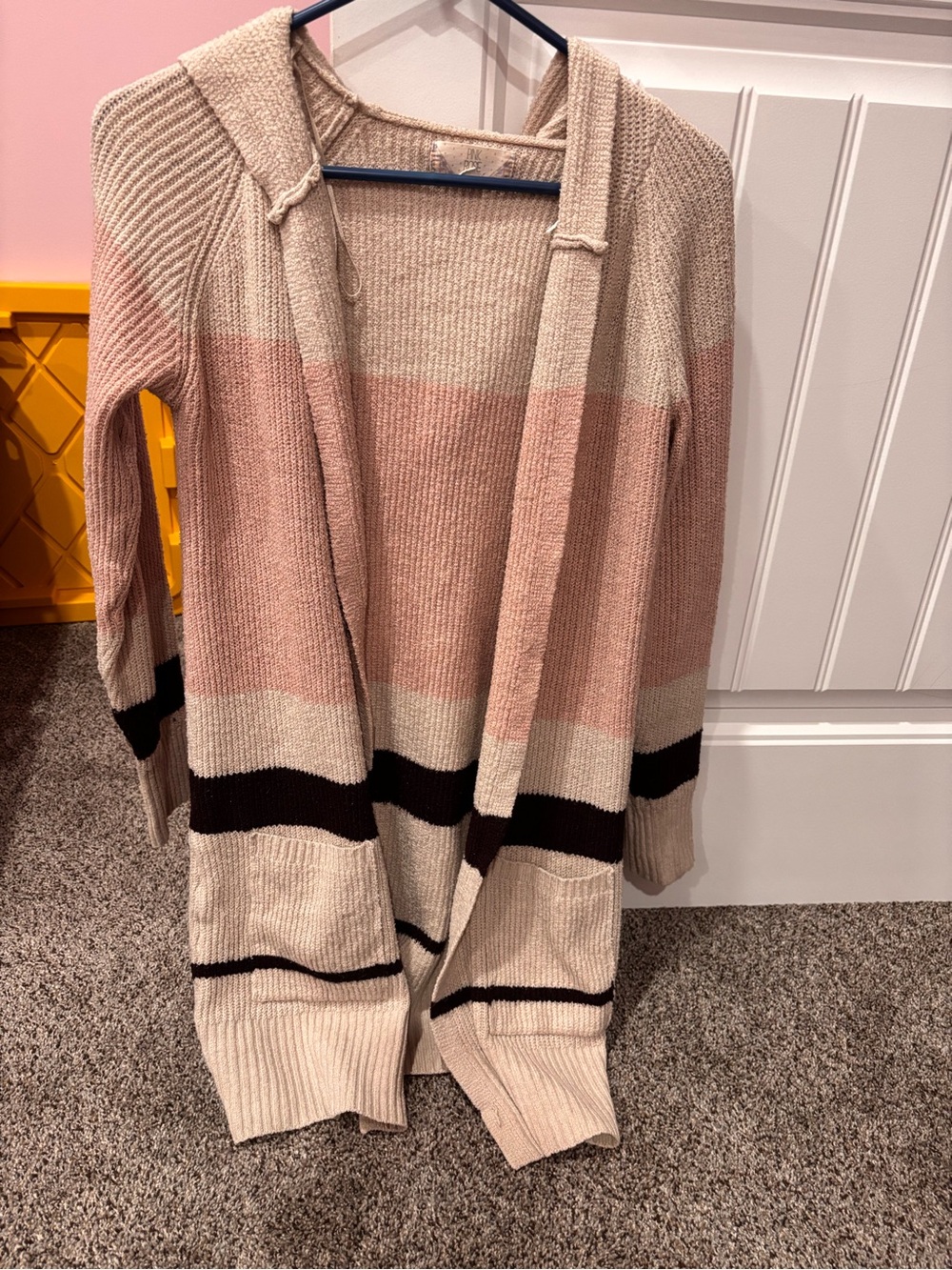 Open-Front Hooded Long Cardigan Sweater in Blush and Cream medium